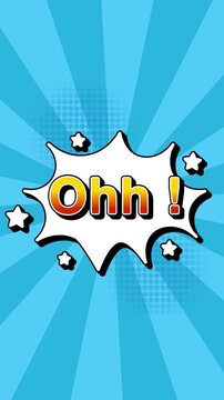 Ohh text word lettering popup comic cartoon reveal with bomb and smoke explosion manga anime book page dots radial speed lines doodle sky blue background seamless loop vertical animation retro clip