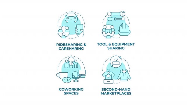 Modern circular economy solutions blue concept icons animation set. Community driven resource sharing. Cyan circular animated abstract ideas. HD video collection with alpha channel