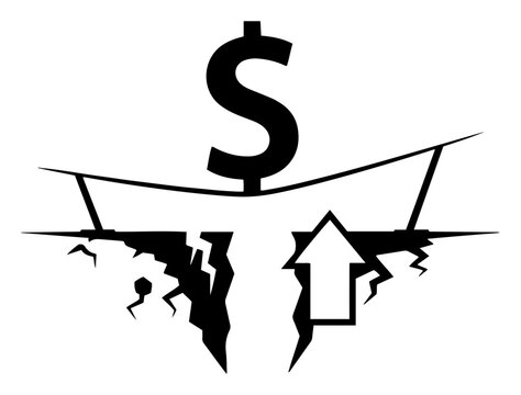 Dollar sign balancing on bridge over financial gap with upward arrow black and white silhouette
