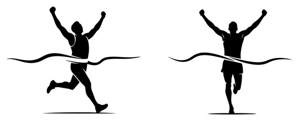 Fototapeta premium Runners crossing finish line with raised arms in victory minimalist black silhouette style