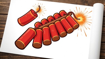 Obraz premium Cartoon red firecrackers with lit fuses spark bright yellow effects. Multiple explosive sticks bundled together on white paper. Festive pyrotechnics ready for New Year celebration holiday party.