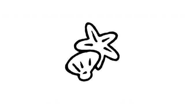 Animated 4K shell and starfish doodle icon. White hand drawn line art on black and green screen backgrounds for marine beach, ocean shore life, tropical seashell, and summer coast video edits.