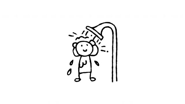 Hand drawn 4K showering character doodle animation with boiling line motion. Frame by frame outline on black and green screen backgrounds, perfect for hygiene wash, bath water, and body clean.