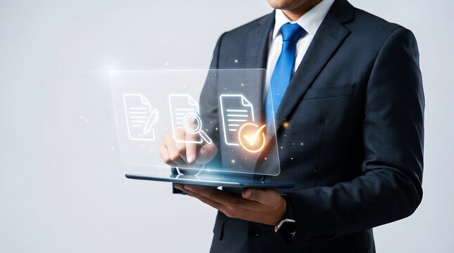 Businessman using holographic technology on digital tablet hologram suit