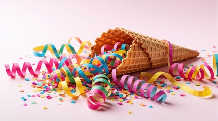 Obraz premium Ice cream waffle cone spills colorful streamers and confetti on pastel pink background. Festive celebration concept with bright party elements scattered around.