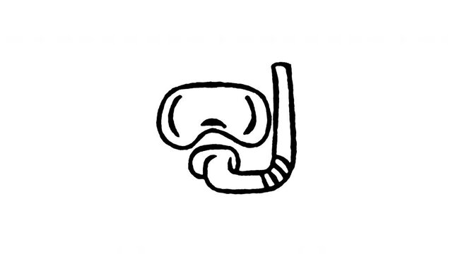 4K animated snorkel and mask doodle icon with boiling line motion. Frame by frame line art on black and green screen chroma key background for diving gear, underwater swim, and ocean explore.