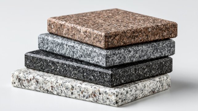 Granite samples in various colors and patterns are stacked to showcase options for countertops and surface finishes.