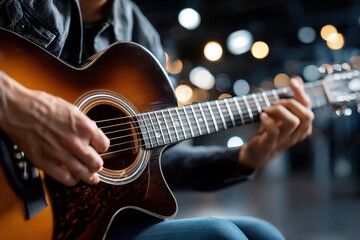 Obraz premium Closeup of hands playing acoustic guitar on blurred background
