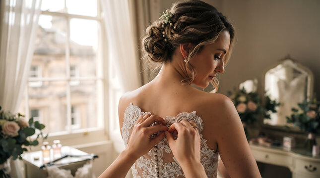Bride getting ready on wedding morning with helper buttoning back of elegant lace dress
