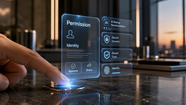 Person using a futuristic glass interface to manage secure digital identity and personal data in a modern office