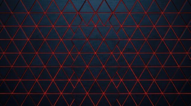Abstract geometric background with red neon triangle pattern and glowing lines on dark textured surface, geometric