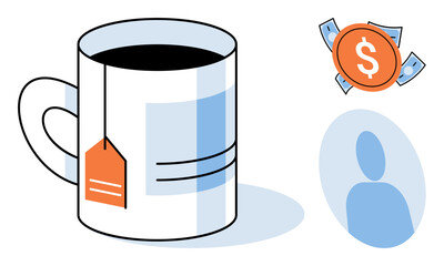 Obraz premium A cup of tea with money and a user profile icon vector illustration. Financial planning, business strategy, investment, productivity, morning routine, corporate finance. Hot beverage with currency
