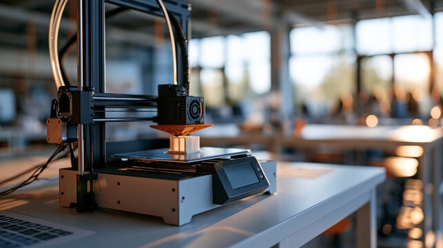 Medium shot of 3d printer creating small prototype with blurred workbenches in bright dynamic stem makerspace classroom setup clean modern lab interior technology education