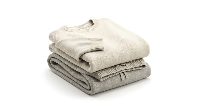 A neat stack of folded knit sweaters and trousers in neutral grey and beige tones.