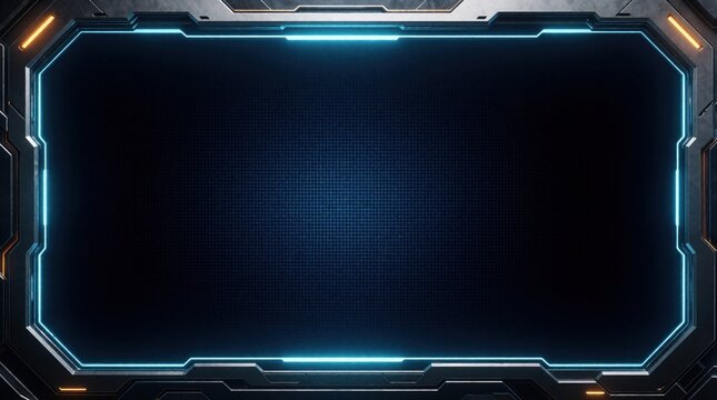 Futuristic digital screen frame with blue neon light and dark metallic structure. Sci fi HUD interface graphic element. Technology background for games.