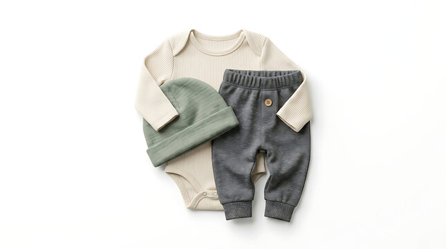 Infant clothing set including a long-sleeve bodysuit grey sweatpants and a beanie hat.