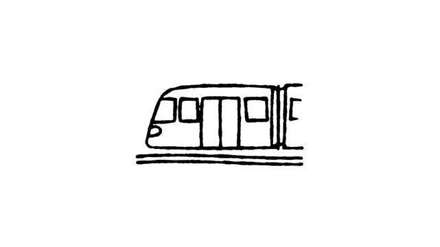 4K hand drawn electric sky train icon featuring boiling line movement. Frame by frame doodle art on black and green screen backgrounds for monorail railway, public transit, and city commute.