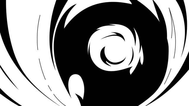 Black and white manga vortex effect with bold swirling curves and dynamic spiral motion. Abstract anime-style energy background designed to create a sense of rotation, power, speed.