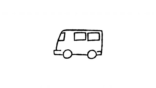 Animated passenger van doodle icon. Features 4K frame by frame boiling line animation on black and green screen backgrounds for minibus shuttle, group transport, travel tour, and van vehicle.