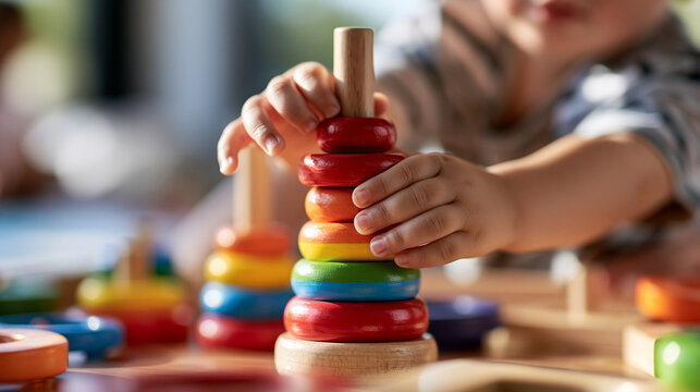 Close up of small toddler hands stacking colorful sequential sorting rings onto vertical wooden posts in bright nursery classroom cropped composition early education