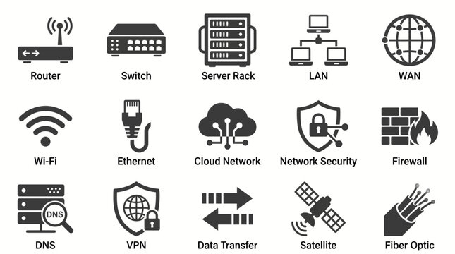 Network infrastructure and connectivity icon set with internet, connectivity