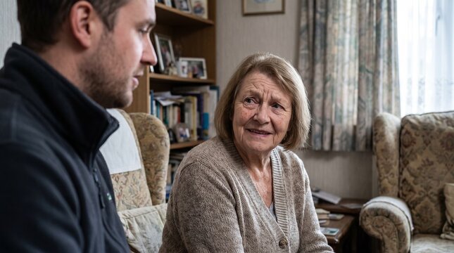 Senior woman listening intently to a male caregiver or relative at home