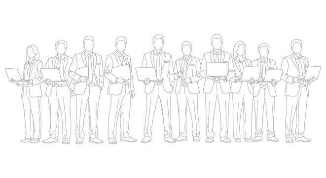 Line art illustration of a group of business people holding documents and laptops