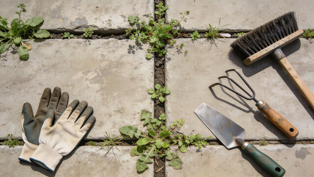 Flat lay of gardening tools, trowel, gloves, and broom around weeds growing in driveway cracks between patio paving slabs. Yard maintenance concept.