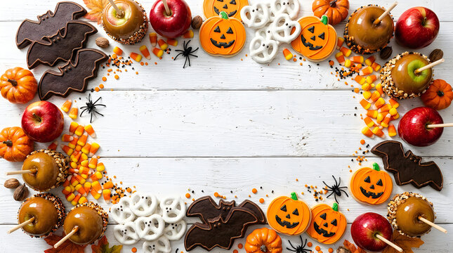 Halloween candy apples, bat cookies, pumpkin cookies, and candy corn are arranged in a border around a white wooden background with copy space in the center.