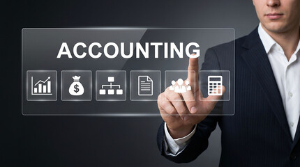 Obraz premium Business Accounting Interface: A businessman in a suit points to a transparent screen displaying accounting icons and text, symbolizing digital finance management and financial data analysis.