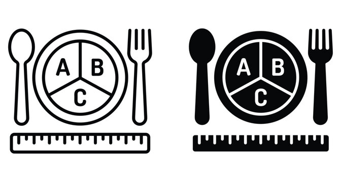 Portion control plate icon set with spoon fork and ruler for balanced diet nutrition planning weight loss and healthy eating habits