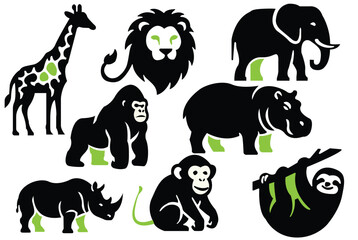 Obraz premium Jungle Wildlife Flat Vector Mascot Logo Collection – Elephant, Lion, Gorilla, Hippo, Rhino
