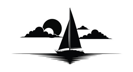 A minimalist black and white graphic illustration featuring a sailboat floating on calm water under a large round sun © Apon