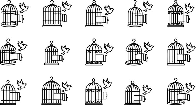 Set of linear icons featuring birds escaping open birdcages in various styles wildlife illustration