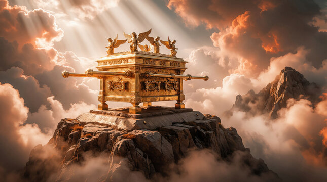 Golden Ark of Covenant rests on high rocky mountain peak above clouds. Ancient sacred relic features metal cherubim figures. Divine sun rays shine through bright sunset sky lighting religious gold