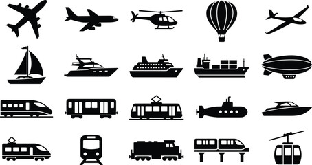 Transportation Vehicle Silhouette Icon Collection with Aviation Maritime and Railway Symbols for Travel Graphic Design Projects © GeetaRani