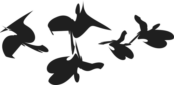 Abstract black ink splatters and organic fluid shapes, expressive brush stroke silhouettes on white background, minimalist artistic vector elements for modern graphic design projects