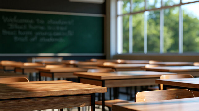 Traditional classroom setup with green chalkboard and welcoming chalk message for students neat rows of wooden desks bright clean daylight interior education school back
