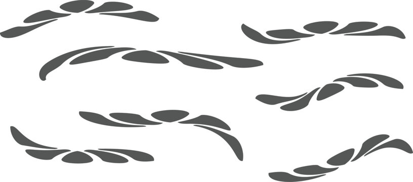 Abstract wave patterns, dark grey fluid curved shapes on white background, set of 7 organic flowing line art elements, modern decorative graphic design vector assets