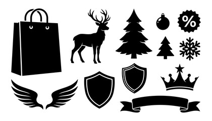 Silhouettes of Animals and Objects in a Minimalist Style Illustration Featuring Silhouette, Animal, Bird with Deer and Dog © Sultana