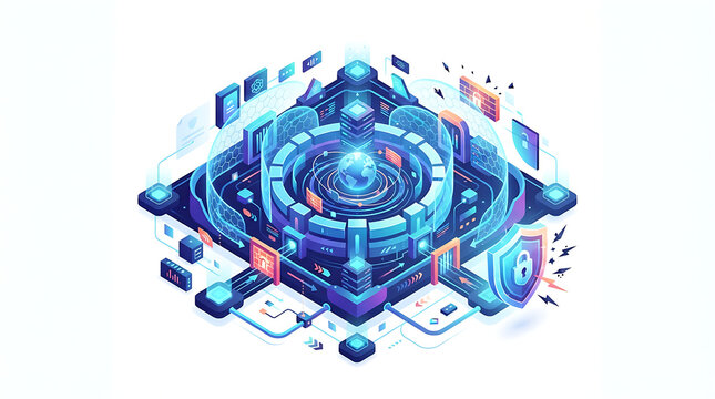 Futuristic isometric technology concept with glowing blue data center, cyber security shield and digital network infrastructure