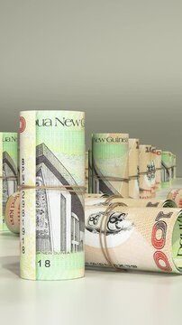 Rolled Stacks Of Papua New Guinea 100 or Hundred Kina Banknotes with Slow Camera Movement, Realistic Currency Animation, 4K Stock Video for commercial - Vertical