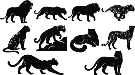 Fototapeta premium Wild Big Cat Silhouette Icon Collection with Lion Tiger Leopard Cheetah Symbols for Safari Graphic Design Projects