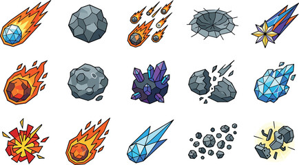 Cartoon pixel art space objects set featuring meteors comets asteroids and impact effects ideal for game design and cosmic event illustrations © Munaza