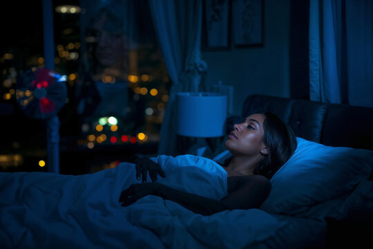 Black woman sleeping in bed at night. City lights visible outside window