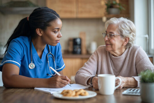 Young black nurse writes notes beside elderly woman. Both smile warmly, sharing quiet trust. Cozy kitchen setting, soft morning light. Ideal for healthcare, senior care, or community support themes