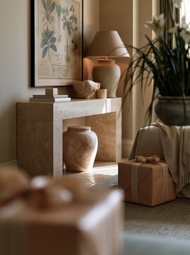 Travertine console table with ceramic decor and wrapped gifts in elegant interior