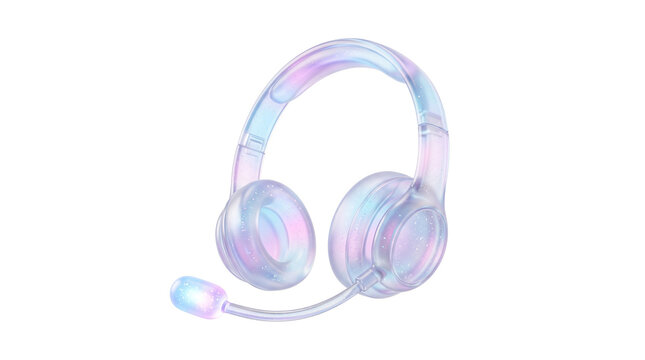 Holographic gaming headset with microphone, iridescent glass headphones on white background, futuristic pastel audio equipment