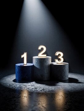 Three stone podiums stand under spotlight in dark space. Glowing gold numbers 1 2, 3 mark top ranks. Minimal scene represents success achievement competition, victory in business sports ranking