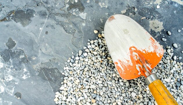 Gravel and Shovel on a Gray Stone Surface for Construction Work